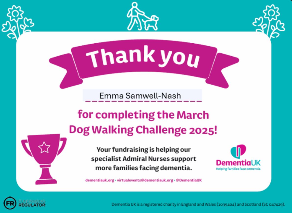Dementia UK Dog Walking Challenge certificate